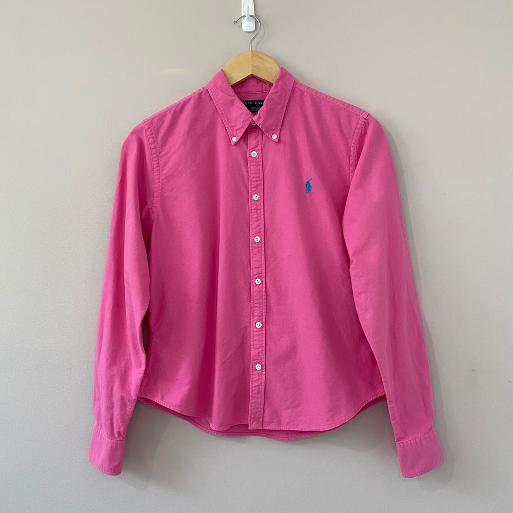 Ralph Lauren Womens Hot Pink Cotton Button Down Shirt Turquoise Pony Logo Sz 12
